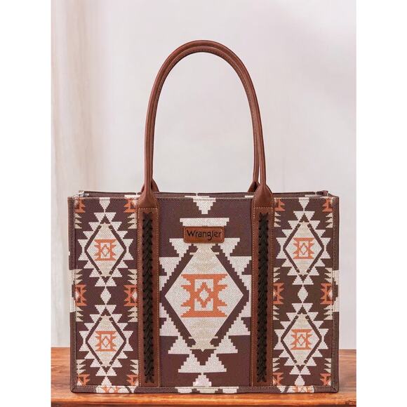 Wrangler Southwestern Print Canvas Wide Tote - Coffee  *NEW in Package* - Picture 1 of 5